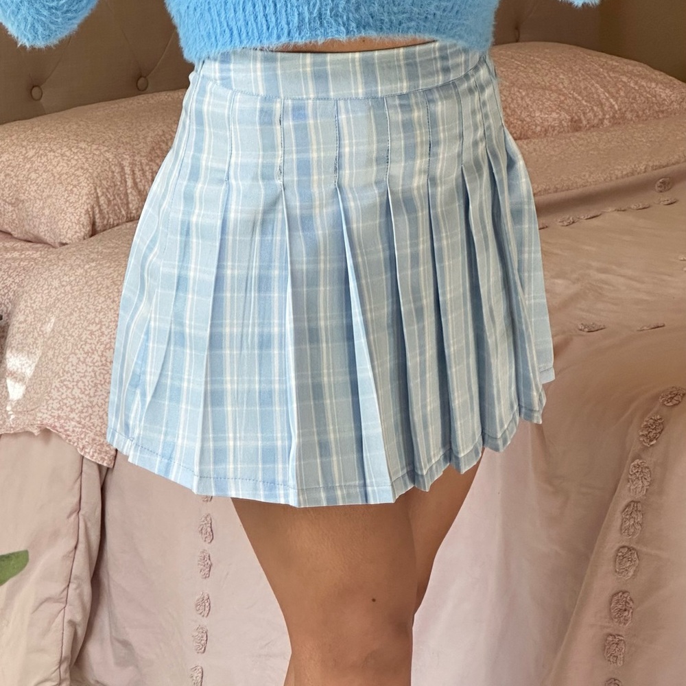 Blue and White Pleated Skater Mini Skirt